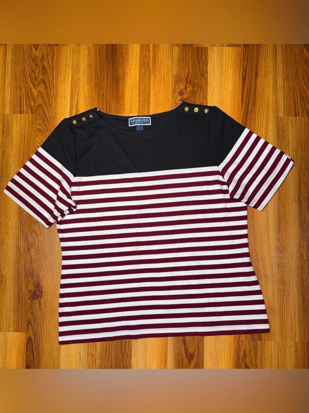 Karen Scott Black and Burgundy Striped Short-Sleeve Top